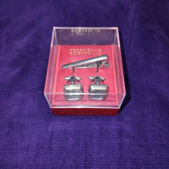 Perry Ellis Portfolio Cufflinks Silver Tone Gold Tone Tie Bar Clip Boxed - Picture 3 of 10